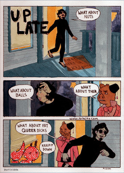 3_panel_comic ambiguous_gender anthro beatnik beret biped black_clothing blinds border bow_tie building clothing dialogue doormat eyewear fez group hat headgear headwear holding_blinds holding_object house male open_door porch scratching_cheek scratching_face speech_bubble sunglasses tassels text tired_expression title trio website_url white_border window yelling eyestooth jerkcity atandt_(jerkcity) spigot_(jerkcity) ambiguous_species arthropod crustacean decapod lobster malacostracan marine 2006 comic dated english_text hi_res signature traditional_media_(artwork) url