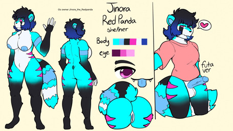 anthro balls blue_penis blue_tail blue_tongue female genitals gynomorph heart_symbol intersex looking_at_viewer penis pink_eyes solo tail text tongue eveartspot jinora_valentine ailurid mammal red_panda 16:9 english_text hi_res model_sheet widescreen