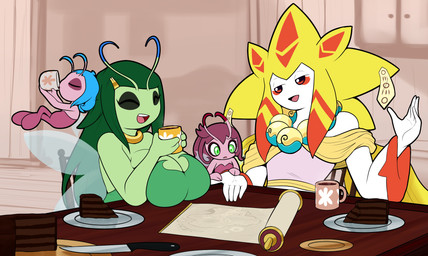 5_fingers antennae_(anatomy) anthro beverage big_breasts blue_hair breasts cake chair container cup dessert eyebrows eyelashes eyes_closed female fingers food furniture green_body green_eyes green_hair group hair holding_beverage holding_container holding_cup holding_object kitchen kitchen_table knife looking_at_another male on_chair open_mouth open_smile plate pokemorph scroll sitting sitting_on_chair smile table teeth tongue white_sclera wings latiar nintendo pokemon found_(explodingcelebi) galiana lost_(explodingcelebi) rigel_(latiar) celebi generation_2_pokemon generation_3_pokemon jirachi legendary_pokemon pokemon_(species) shiny_pokemon 2025 digital_media_(artwork) hi_res