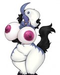absol amber_eyes anthro areola big_areola big_breasts black_lips breasts digital_media_(artwork) female fur generation_3_pokemon genitals hair hair_over_eye hi_res horn huge_breasts lips nintendo nipples nude one_eye_obstructed open_mouth pink_areola pink_nipples pokemon pokemon_(species) pussy shaded short_stack simple_background solo standing translucent translucent_hair villmix white_background white_body white_fur wide_hips
