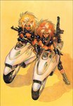 alternative_fashion big_hair biker breasts clothed clothing duo female gun hair looking_at_viewer punk punk_hair ranged_weapon smile studs weapon shirow_masamune dominion_tank_police anna_puma puma_sisters uni_puma cougar felid feline humanoid mammal hi_res traditional_media_(artwork)