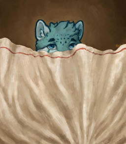 anthro bed_sheet bedding blue_body blue_eyes blue_fur ears_up fur hidden_face looking_at_viewer male male_anthro solo reynard_goodfellow hi_res