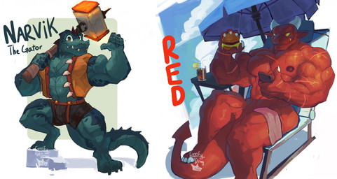 2_horns 4_fingers 4_toes anthro arm_scar beach_umbrella beverage biceps big_muscles bodily_fluids bottomwear brown_bottomwear brown_clothing brown_eyes brown_shorts burger cellphone chair chest_scar claws closed_smile clothing cloud container cup drinking_straw duo electronics exposed_teeth feet finger_claws fingers food front_view fruit furniture gesture glass glass_container glass_cup green_body green_claws green_scales hammer hand_gesture head_horn holding_burger holding_cellphone holding_food holding_hammer holding_object holding_phone holding_smartphone holding_tool horn lemon looking_at_cellphone looking_at_object looking_at_phone looking_at_viewer lounge_chair lounging male mouth_closed muscular muscular_male nipples non-mammal_nipples nude orange_clothing orange_eyes orange_topwear orange_vest overbite parasol phone plant pointing pointing_at_self red_body red_scales scales scar shorts smartphone smile spade_tail spiked_tail spikes spikes_(anatomy) sweat sweaty_arms sweaty_body tail text toe_claws toes tools topwear towel_on_leg underbite vein veiny_muscles vest white_claws white_sclera yellow_sclera goofyahdragons narvik_(goofyahdragons) red_(goofyahdragons) alligator alligatorid crocodilian lizard reptile scalie 2024 artist_name character_name digital_drawing_(artwork) digital_media_(artwork) full-length_portrait hi_res portrait