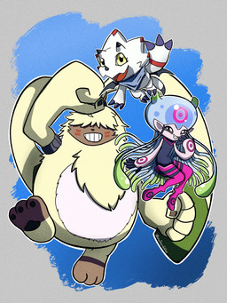 ahoge anthro female group hair hair_over_eyes kerchief male neckerchief neckwear pawpads smile tentacles trio white_body wings owlscribbles bandai_namco digimon digimon_ghost_game angoramon digimon_(species) gammamon humanoid jellymon scalie 3:4 hi_res