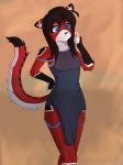 anthro black_body black_fur black_hair blue_eyes clothed clothing female fur hair machine multicolored_body multicolored_fur pelvic_curtain red_body red_fur solo white_body white_fur mythicshade ara_(fluff-kevlar) android felid feline mammal robot 3:4 absurd_res hi_res