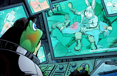 anthro beak blush bodily_fluids bottomwear bottomwear_down brush butt butt_slap clothed clothing crying electronics embarrassed feathers group hairbrush hand_on_butt male monitor pants pants_down partially_clothed punishment reddened_butt security_footage slap spanking tail tail_feathers tail_grab tears text phillabuster nintendo star_fox falco_lombardi fox_mccloud peppy_hare slippy_toad amphibian avian bird canid canine falcon falconid fox frog lagomorph leporid mammal rabbit alternate_version_at_paywall better_version_at_paywall digital_media_(artwork) english_text hi_res