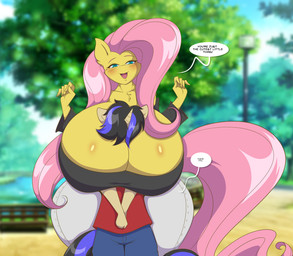 5_fingers ambiguous_gender anthro big_breasts blurred_background blush breast_smother breasts cleavage clothed clothing compliment detailed_background dialogue duo eyebrows female female/ambiguous fingers front_view head_between_breasts horn huge_breasts hyper hyper_breasts open_mouth outside smothering speech_bubble talking_to_another talking_to_partner text thanking mastergodai friendship_is_magic hasbro my_little_pony mythology fan_character fluttershy_(mlp) equid equine mammal mythological_creature mythological_equine unicorn 2020 digital_media_(artwork) english_text