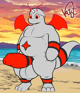 anthro arm_markings balls beach belly belly_markings big_balls big_penis detailed_background erection genital_markings genitals huge_balls male markings nude overweight overweight_anthro overweight_male penis penis_markings solo tail tail_markings thick_penis tight_balls tkongingi nintendo pokemon rutherford_(tkongingi) dragonite generation_1_pokemon pokemon_(species) hi_res signature