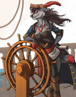 anthro boots bottomwear breasts cleavage clothed clothing corset fangs feathers female footwear green_eyes hair happy hat headgear headwear highlights_(coloring) jacket lingerie looking_away markings open_clothing open_jacket open_topwear pants pirate red_highlights red_markings rope sash ships_wheel shoes smile solo tail teeth topwear water fuckie kaptainarr_(character) canid canine canis mammal wolf 2015