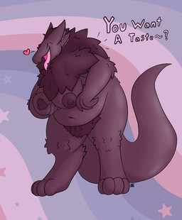 anthro areola belly belly_overhang breast_squeeze breasts claws female fluffy neck_tuft nipples non-mammal_nipples overweight overweight_anthro overweight_female smile solo squeezing tail talking_to_viewer text thick_thighs tongue tuft wide_hips kariwolf197 bael_(kariwolf197) demon hybrid monster cel_shading english_text hi_res shaded