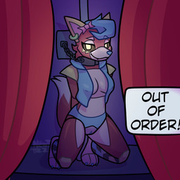 anthro big_breasts black_sclera blue_clothing blue_nose blue_underwear blue_vulva bound bow_ribbon breasts chain chained clothed clothing collar curtains ear_piercing ear_ring female genitals glowing glowing_eyes kneeling legwear machine pattern_clothing pattern_legwear piercing pole ring_piercing sign solo stage underwear vulva yellow_eyes newt_trz marolyn_(newt_trz) animatronic canid canine canis mammal robot wolf 1:1 hi_res