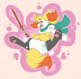 anthro big_diaper black_body black_fur blush diaper dipstick_tail eyewear fluffy fluffy_ears fluffy_tail fur glasses levitation magic magic_user magic_wand male markings open_mouth scarf simple_background solo stick tail tail_markings telekinesis two_tone_tail white_body white_fur yellow_body yellow_fur bubblepuppers nintendo pokemon braixen generation_6_pokemon pokemon_(species) hi_res
