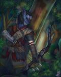 aiming anthro armor arrow_(weapon) bow_(weapon) clothed clothing detailed_background duo forest fur holding_object holding_weapon male outside plant quiver_(object) ranged_weapon solo_focus tree weapon zeitzbach bethesda_game_studios microsoft skyrim the_elder_scrolls inigo_(tes_mod) domestic_cat felid feline felis human khajiit mammal 2016 4:5 hi_res