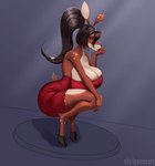 anthro big_breasts big_butt black_hair breasts butt clothed clothing crouching curvy_figure dress female hair hand_on_chin hooves huge_breasts lips lipstick long_hair makeup ponytail red_clothing red_dress scut_tail short_tail solo tail sunstripe mila_(sunstripe) deer mammal absurd_res hi_res