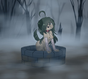 ahoge anthro arm_wraps big_breasts breasts collar cute_fangs dead_tree dirty eye_bags fangs female fog forest green_hair hair leaning leaning_forward long_hair looking_at_viewer natural_breasts navel nipples nude nude_female plant smile solo teeth tree ventral_groove well wraps e254e the_ring dorotty_(e254e) canid canine canis domestic_dog mammal absurd_res hi_res