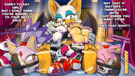 anthro barefoot bat_wings clothing feet female foot_fetish foot_play footwear group membrane_(anatomy) membranous_wings pink_body purple_body shoe_sniffing shoes shoes_removed sniffing sniffing_clothes soles teasing teasing_with_feet text tickle_fetish tickling toes tongue trio verbal_teasing wings anonbb sega sonic_the_hedgehog_(series) amy_rose blaze_the_cat rouge_the_bat bat domestic_cat eulipotyphlan felid feline felis hedgehog mammal 16:9 english_text hi_res widescreen
