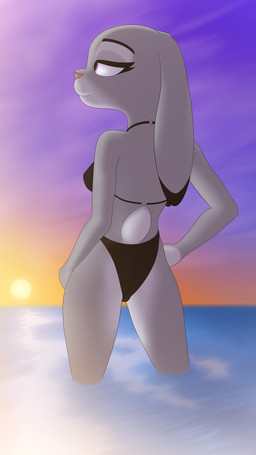 anthro bikini bikini_bottom bikini_top black_bikini black_clothing black_ear_tips black_swimwear butt camel_toe clothing cotton_tail detailed_background dipstick_ears ear_markings ears_back eyelashes female floppy_ears fur grey_body grey_fur looking_away multicolored_ears narrowed_eyes pivoted_ears sea seaside smile solo sunset swimwear two-piece_swimsuit water furbeyond disney zootopia judy_hopps lagomorph leporid mammal rabbit absurd_res hi_res shaded soft_shading