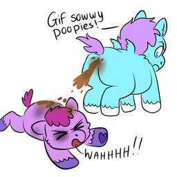 >_< abuse ambiguous_feral ambiguous_gender angry anus baby_talk blue_body blue_eyes blue_fur dialogue dirty duo eyes_closed feces feces_on_body feral frown fur hair hooves open_mouth pooping pooping_on_another purple_body purple_fur purple_hair purple_hooves simple_background text white_background white_hooves wings x_anus young young_ambiguous young_feral squeegull fluffy_pony mythology equid equine fluffy_pony_(species) mammal mythological_creature mythological_equine pegasus 1:1 2025 absurd_res comic digital_media_(artwork) english_text flat_colors hi_res