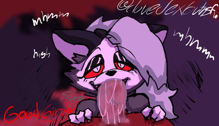 anthro big_penis duo female genitals good_girl happy jewelry male male/female oral oral_penetration penetration penis text clovedex hellaverse helluva_boss mythology loona_(helluva_boss) canid canid_demon canine canis demon hellhound imp mammal mythological_canine mythological_creature wolf