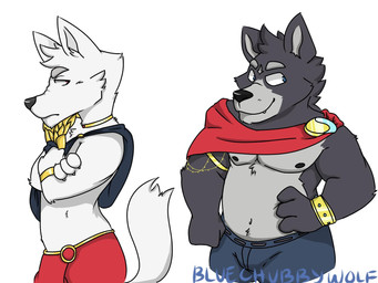 anthro black_body black_fur blue_eyes bottomwear clothing countershading crossed_arms duo fangs fur grey_body grey_fur grumpy hand_on_hip happy jewelry looking_away male multicolored_body multicolored_fur musclegut muscular muscular_male nipples pants red_eyes smile teeth two_tone_body two_tone_fur white_body white_fur bluechubbywolf adastra adastra_(series) echo_project amicus_(adastra) cassius_(adastra) canid canine canis mammal wolf 2019 4:3 hi_res brother_(lore) brothers_(lore) sibling_(lore)