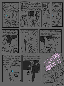 anthro bangs black_hair choker clothed clothing dialogue duo ear_piercing ear_ring facial_piercing hair jewelry male necklace nose_piercing nose_ring piercing ponytail profanity ring_piercing speech_bubble text topwear kitiroshi 3:4 comic english_text hi_res monochrome