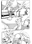 2004 3_fingers 3_toes all_fours anthro areola arm_tuft armwear bandai_namco bed black_and_white black_sclera blockage_(layout) breasts bridal_gauntlets butt camel_toe canid canine chest_tuft claws clothed clothing comic digimon digimon_(species) digital_media_(artwork) digitigrade eyes_closed feet female finger_claws fingers fishnet_clothing fishnet_legwear four_frame_image fur furniture horizontal_blockage legwear lingerie mammal markings monochrome navel nipples panties rear_view renamon renamon_fantasy_self_indulgence sawblade_(artist) shoulder_tuft skimpy solo spread_legs spreading stockings striptease tail toes topless tuft underwear