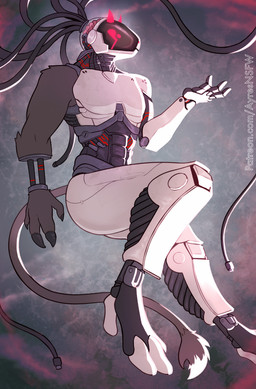 ambiguous_gender anatos cable futuristic glowing glowing_eyes horn machine red_eyes solo technology kacaii patreon bovid caprine caprine_demon demon goat goat_demon mammal protogen absurd_res hi_res