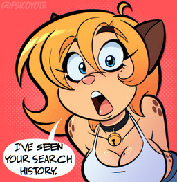 anthro bare_shoulders bell bell_collar black_collar blonde_hair blue_eyes breasts cleavage clothed clothed_anthro clothed_female clothing collar collarbone crop_top dialogue eyebrow_through_hair eyebrows eyelashes female female_anthro freckled_hips freckled_shoulders freckles fur glistening glistening_hair hair hands_behind_back iris jingle_bell jingle_bell_collar long_eyelashes looking_at_viewer markings mole_(marking) mole_on_breast mole_under_eye open_mouth pink_nose pupils shirt solo speech_bubble spot_freckles spots spotted_hips spotted_shoulders talking_to_viewer tan_body tan_fur text topwear translucent translucent_hair white_clothing white_topwear psicoyote cassandra_(psicoyote) domestic_cat felid feline felis mammal 2026 artist_name english_text hi_res portrait