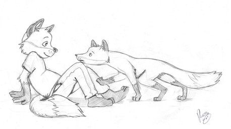ambiguous_feral ambiguous_gender anthro barefoot bottomwear closed_smile clothed clothing dipstick_tail duo eye_contact feet feral gloves_(marking) leg_markings logo looking_at_another male male_anthro markings mouth_closed pants shirt side_view simple_background smile socks_(marking) t-shirt tail tail_markings topwear young young_anthro young_male pandapaco biro_(pandapaco) canid canine fox mammal artist_logo monochrome signature sketch traditional_media_(artwork)