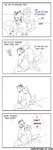 2018 absurd_res anthro bed bottomwear canid canine canis canisfidelis clothed clothing comic dialogue duo english_text eyes_closed felid front_view furniture hair hi_res humor kneeling larger_male legwear looking_at_another male male/male mammal massage monochrome neck_tuft necktie okami_wolf on_bed open_mouth pantherine pants pillow ponytail rear_view shirt simple_background sitting size_difference smaller_male smile speech_bubble stockings striped_body stripes text tiger tongue topwear tuft vrock wolf