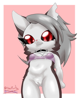 anthro black_sclera bottomless chibi clothed clothing female genitals innie_vulva kemono looking_at_viewer low-angle_view navel panties red_eyes simple_background solo torn_bra torn_clothing underwear vulva young young_anthro young_female izzipurrito hellaverse helluva_boss mythology loona_(helluva_boss) canid canid_demon canine canine_demon demon hellhound mammal mythological_canine mythological_creature 4:5 absurd_res hi_res
