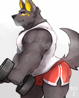 anthro big_muscles bodily_fluids bottomwear bulge clothing dumbbell ear_piercing ear_ring exercise eyebrows fur hotpants looking_aside looking_at_viewer male markings muscular muscular_anthro muscular_male piercing ring_piercing shirt shorts side_view simple_background smile solo standing sweat tank_top topwear tuft weightlifting weights white_background workout makowolf1 anubian_jackal canid canine canis jackal mammal 2021 hi_res