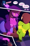 2022 4_fingers anthro big_breasts breasts brown_hair clothing comic conditional_dnp deltarune duo english_text erection female fingers hair hi_res human jacket kris_(deltarune) lizard male male/female mammal navel purple_body questionable_consent reptile scalie slightly_chubby slightly_chubby_anthro slightly_chubby_female susie_(deltarune) svarz teeth text topwear undertale_(series)