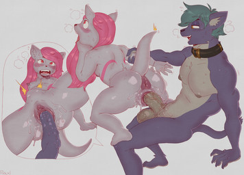 abdominal_bulge anthro anus balls big_anus blush bodily_fluids breasts collar duo erection female fisting genital_fluids genitals humanoid_genitalia humanoid_penis male male/female nipples nude open_mouth penetration penis puffy_anus small_breasts smile sweat vaginal vaginal_fisting vaginal_fluids vaginal_penetration vein roly pyravia canid canine felid fox hybrid mammal mustelid otter hi_res