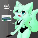 ambiguous_gender anthro blue_eyes blush clothed clothing embarrassed mento_(nylveon) solo swimwear text nylveon domestic_cat felid feline felis mammal 1:1 english_text hi_res