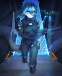 anthro bad_trigger_discipline blue_hair bodysuit breasts clothing detailed_background drone_(vehicle) female fin gun hair holding_gun holding_object holding_ranged_weapon holding_weapon hologram machine military non-mammal_breasts purple_eyes ranged_weapon science_fiction serious skinsuit solo tactical_gear tail tail_fin tight_clothing weapon grungecandy monique_(tacodragon) fish marine shark 2018