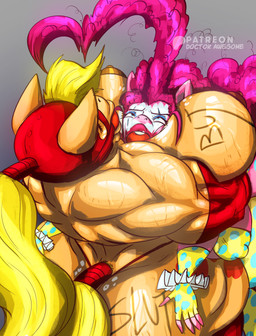anthro anthrofied between_breasts bodily_fluids body_writing breasts clown clown_makeup duo female hug lucha_libre_mask mask muscular muscular_anthro muscular_female overhead_view sports_mask sportswear sweat wrestling wrestling_mask doctor_awesome friendship_is_magic hasbro mlp_g4 my_little_pony applejack_(mlp) pinkie_pie_(mlp) equid equine horse mammal pony absurd_res hi_res