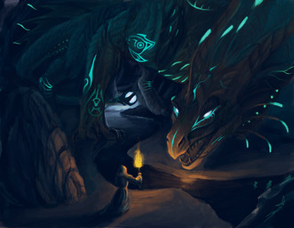 2_horns ambiguous_gender bioluminescence black_claws blue_eyes blue_glow cave claws clothed clothing detailed_background dialogue duo empty_eyes feather_hair feathers feral finger_claws fingers fire front_view glowing glowing_eyes glowing_markings holding_object holding_torch horn larger_ambiguous larger_feral light markings open_mouth pseudo_hair quadruped rear_view ridged_horn robe rock scales sharp_teeth size_difference smaller_ambiguous smaller_human snout speech_bubble spines standing tail tapering_tail teeth text text_box thought_bubble tongue torch water jadedragoness european_mythology mythology dragon human mammal mythological_creature mythological_scalie scalie western_dragon 2017 character_name digital_media_(artwork) digital_painting_(artwork) english_text hi_res painting_(artwork) signature