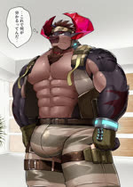 abs accessory anthro biceps big_bulge black_body black_fur body_hair bouncing_bulge brown_hair bulge chest_hair embarrassed facial_hair fur hair headband horn jumping male muscular muscular_anthro muscular_male pecs solo superhero text thigh_strap kyatune lifewonders live_a_hero obsidius bovid bovine cattle mammal animated japanese_text no_sound short_playtime webm