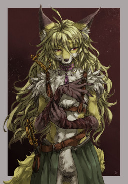 abstract_background anthro belt biped blonde_hair brown_body brown_fur chest_tuft collar featureless_crotch female fur hair inner_ear_fluff long_hair looking_away melee_weapon solo standing sword tail tuft weapon yellow_body yellow_fur 44izumy_(artist) canid canine fox mammal digital_media_(artwork) hi_res traditional_media_(artwork)