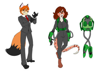 3_toes 5_fingers backpack barefoot black_body black_fur brown_hair business_suit clothing corrosive duo facial_scar feet female fingers fur gloves hair handwear humanoid_heel jumpsuit looking_at_viewer mad_scientist male necktie orange_body orange_fur pink_body pink_skin plantigrade poison red_hair red_necktie scar smile suit supervillain toes shadowpantherkat crimestrikers dolores_dedmond vance_coffin canid canine fox mammal pit_viper rattlesnake red_fox reptile scalie snake true_fox viper 2016 full-length_portrait hi_res portrait