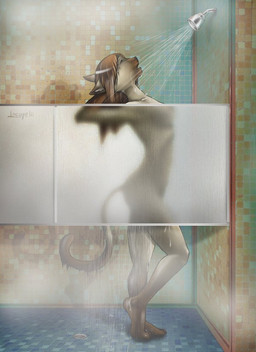 anthro bathroom brown_hair casual_nudity drain eyes_closed feet female glass hair inside nude open_mouth shower side_view solo standing steam tail tile water wet locopelli domestic_cat felid feline felis mammal 2011