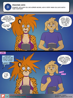anthro ask_blog biped black_nose breasts brown_eyes dialogue duo eating eyebrows female food fur grey_eyes male orange_body orange_fur popcorn scared smile tail tan_body tan_fur teeth text conditional_dnp kadath dynamite_(kadath) rory_(kadath) bird_dog canid canine canis cheetah domestic_dog felid feline hunting_dog labrador mammal retriever 2025 comic english_text hi_res
