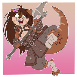 accessory anthro armor axe breasts brown_body brown_fur brown_hair clothed clothing female flower flower_in_hair fur gradient_background hair hair_accessory long_hair melee_weapon open_mouth plant simple_background solo striped_body striped_fur stripes weapon yellow_eyes fuf flu_(character) mammal mustelid otter 1:1 hi_res