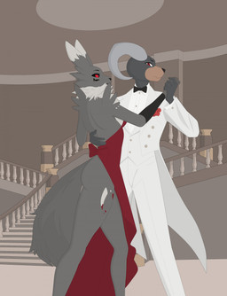 anthro bent_arm black_body black_bow_tie black_fur black_markings black_nose black_sclera bottomwear bow_tie breasts button_(fastener) ceiling cheek_markings cheek_tuft classy closed_frown clothed clothed_anthro clothed_female clothed_male clothing curved_horn dancing dipstick_ears dress duo ear_markings eyelashes facial_markings facial_tuft female flower flustered frown fully_clothed fully_clothed_anthro fully_clothed_male fur grey_body grey_fur grey_horn grey_tail grey_wall hand_holding head_markings horn inside larger_anthro larger_male leg_markings light long_ears male male/female markings mouth_closed multicolored_body multicolored_ears multicolored_fur neck_tuft orange_body orange_fur pants plant railing red_clothing red_dress red_eyes red_flower size_difference small_breasts smaller_anthro smaller_female stairs suit tail thigh_markings topwear tuft vest wall_(structure) white_bottomwear white_clothing white_dress_shirt white_ear_tips white_pants white_suit white_topwear white_vest elcastorblanco bandai_namco digimon nintendo pokemon adam_grimm bella_(zelkova64) fan_character canid digimon_(species) generation_2_pokemon houndoom mammal pokemon_(species) renamon 2025 cel_shading colored digital_drawing_(artwork) digital_media_(artwork) english_description hi_res lighting shaded
