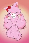 accessory blush bow_ribbon chest_tuft covering covering_crotch eyelashes female feral flat_chested fluffy fluffy_tail fur gradient_background hair_accessory hair_bow hair_ribbon half-closed_eyes hands_on_crotch inviting leaning leaning_backward looking_at_viewer narrowed_eyes nude one_eye_closed open_mouth pawpads paws pink_body pink_eyes pink_fur pink_nose ribbons semi-anthro simple_background sitting solo tail thick_thighs tongue tuft white_body white_fur wink winking_at_viewer 638t jewelpet sanrio sega_fave garnet_(jewelpet) domestic_cat felid feline felis mammal persian_cat 2024 hi_res