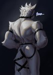 anthro back_muscles belt belt_bondage belt_collar biceps butt clothing fur furrowed_brow hair hands_on_hips harness hmm jockstrap male muscular muscular_anthro muscular_male rear_view solo standing tail thick_thighs underwear white_body white_fur white_hair arctavius mihoyo zenless_zone_zero von_lycaon canid canine canis mammal thiren wolf digital_drawing_(artwork) digital_media_(artwork) hi_res