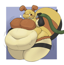 antennae_(anatomy) anthro arthropod_abdomen belly big_belly big_breasts black_eyes blush blush_lines breasts clothing female hose hose_inflation huge_belly huge_breasts huge_thighs hyper hyper_thighs inflation motion_lines multicolored_body obese obese_anthro obese_female one_eye_closed overweight overweight_anthro overweight_female solo standing stinger tan_body thick_thighs topwear yellow_body inazuma_kat arthropod bee hymenopteran insect character_request hi_res