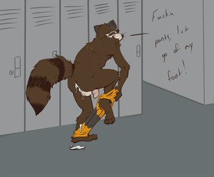 after_sex annoyed anthro anus backsack balls barefoot biped bodily_fluids bottomwear bottomwear_down brown_body brown_fur butt clothed clothing cum cum_drip cum_from_ass cum_in_ass cum_inside dialogue dripping feet flaccid fur genital_fluids genitals leaking locker locker_room male markings on_one_leg open_mouth pants pants_down partially_clothed penis rear_view ring_(marking) ringed_tail solo standing striped_markings striped_tail stripes tail tail_markings text topless undressing whiskers skunkjunkie guardians_of_the_galaxy marvel rocket_raccoon mammal procyonid raccoon english_text flat_colors hi_res
