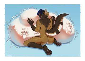 abdominal_bulge anthro anthro_pred belly belly_on_ground big_belly black_nose black_pawpads blue_eyes blue_hair brown_body brown_fur butt cheek_tuft facial_tuft fully_inside fur hair hand_on_belly hands_on_own_belly huge_belly hyper hyper_belly licking licking_lips looking_at_viewer looking_back male male_anthro male_pred motion_lines pawpads rear_view rumbling_stomach short_hair simple_background sitting snout solo sound_effects tail tongue tongue_out tuft unseen_prey vore kysokofwater canid canine mammal 2023 colored digital_drawing_(artwork) digital_media_(artwork) hi_res shaded